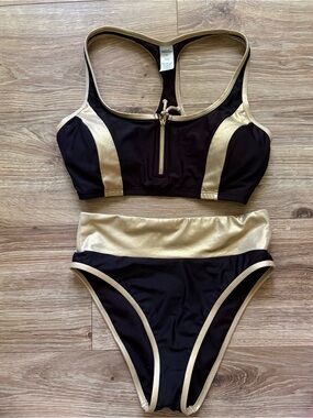 Sports illustrated Black and Gold Zipper Sport Bikini Set